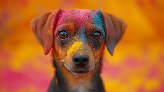 Foto cane colorato spruzzato di vernice su uno sfondo giallo e arancione vibrante