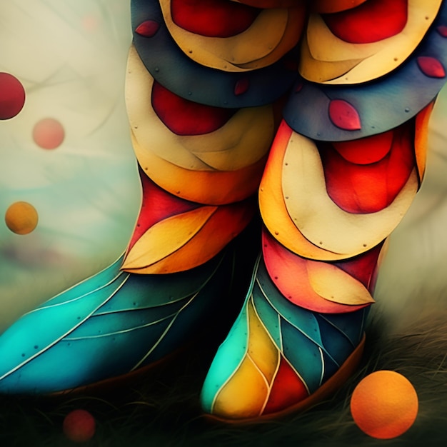 A colorful pair of boots with a leaf pattern on the bottom.