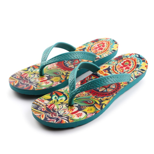 A colorful pair of flip flops with a floral pattern on the front.