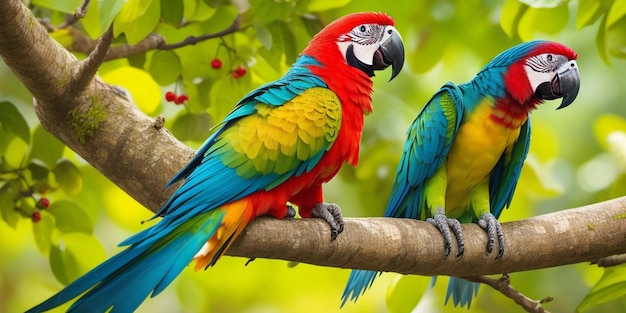 красочная пара попугаев сидела на ветке дерева