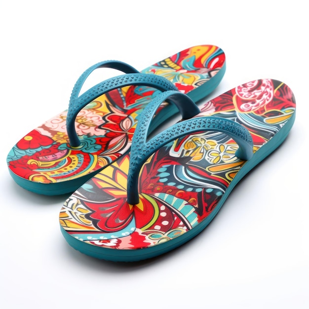 A colorful pair of sandals with a floral pattern on the bottom.