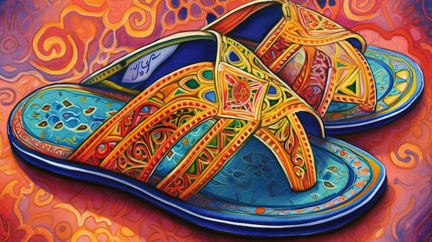 A colorful pair of sandals with the word " taco " on the bottom.