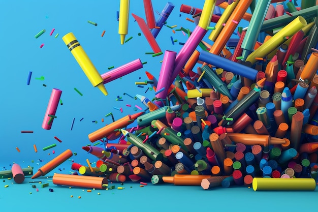 A colorful palette of crayons and paint is scattered on a colorful background