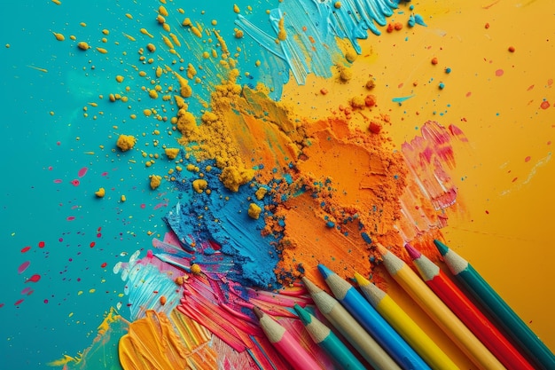 A colorful palette of crayons and paint is scattered on a yellow background