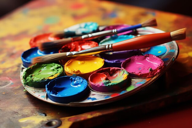 Colorful palette and paintbrushes on artistic table