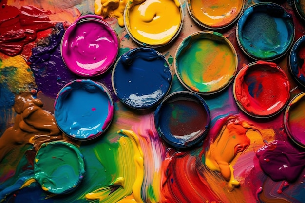 A colorful palette with many colors of paint and a yellow one