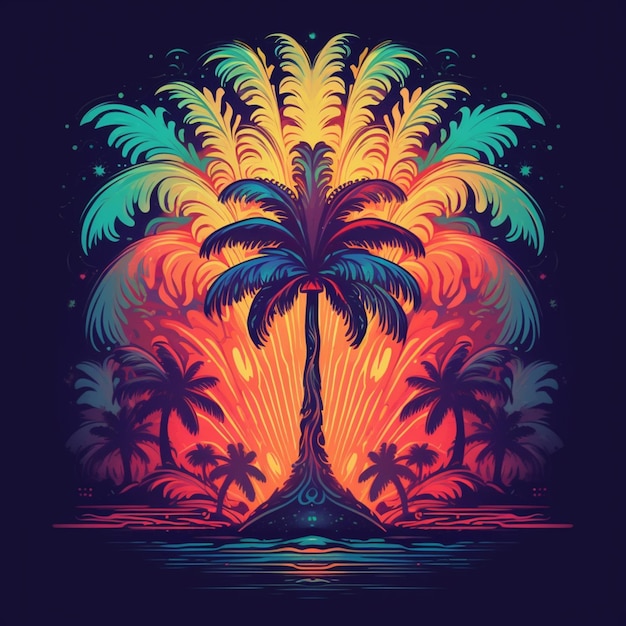 A colorful palm tree with a sunset in the background generative ai