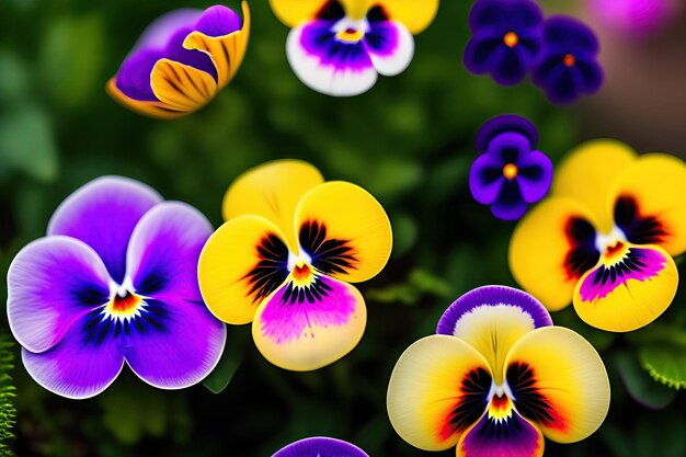 Colorful pansy flowers in a garden close up