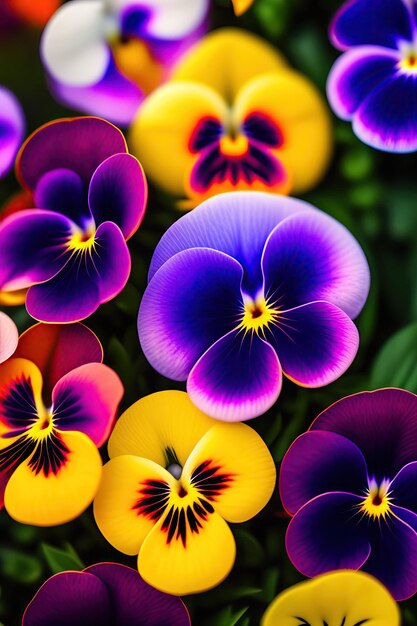 Colorful pansy flowers in a garden close up