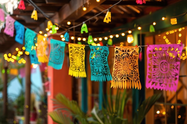 Colorful papel picado banners against a backdrop of string lights