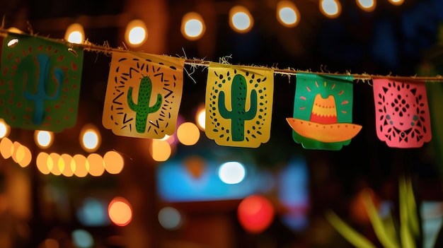 Colorful papel picado banners at night with lights