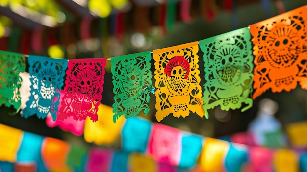 Colorful Papel Picado Skull Banners in Daylight