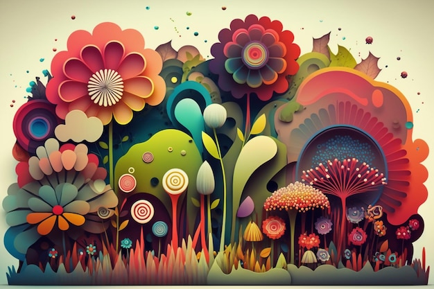 A colorful paper art of flowers and trees