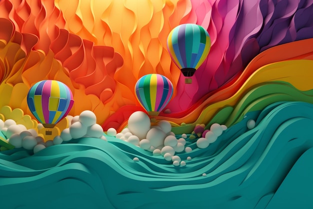 A colorful paper art of hot air balloons floating over a colorful ocean.