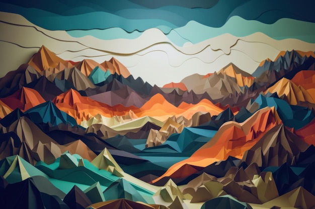 A colorful paper art of mountains.
