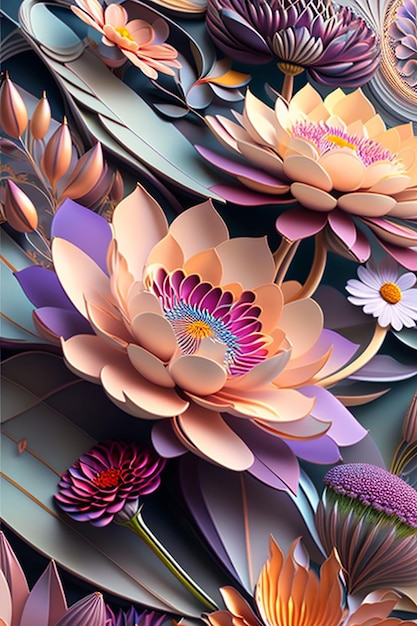 A colorful paper art piece with flowers on it.