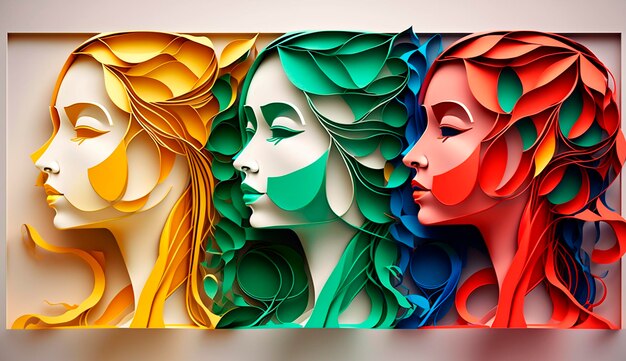 A colorful paper art piece of women with different colors.