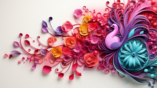 Photo colorful paper art with flowers and birds