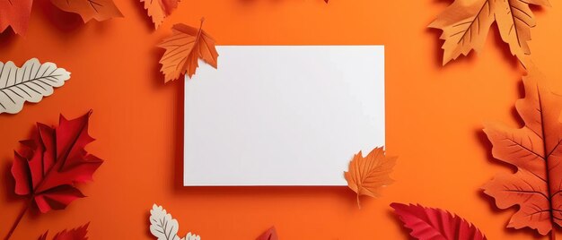 Colorful paper autumn leaves create a charming frame for a blank white paper card