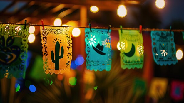 Photo colorful paper banners with traditional designs lit up for a lively celebration