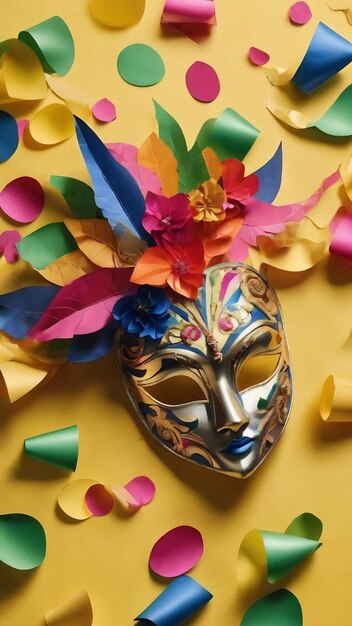 Colorful paper confetti carnivale mask and colored serpentine on a yellow background