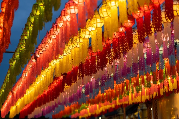 Colorful paper craft lantern festival at Wat Phra That Hariphunchai Lamphun Thailand