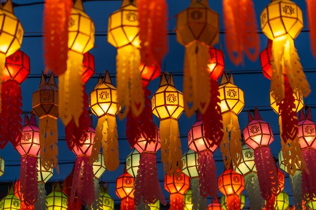 Colorful paper craft lantern festival at Wat Phra That Hariphunchai Lamphun Thailand