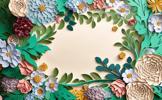 Photo colorful paper cut flowers with green leaves on blue background illustration generative ai