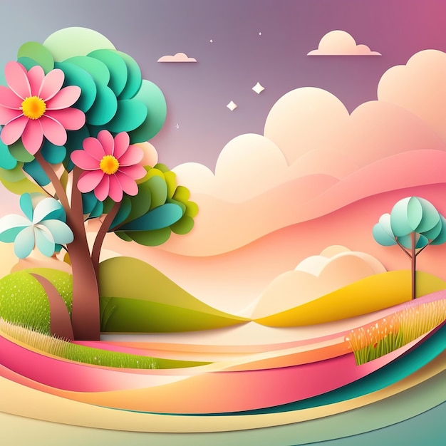 A colorful paper cut illustration of a tree with flowers on it.
