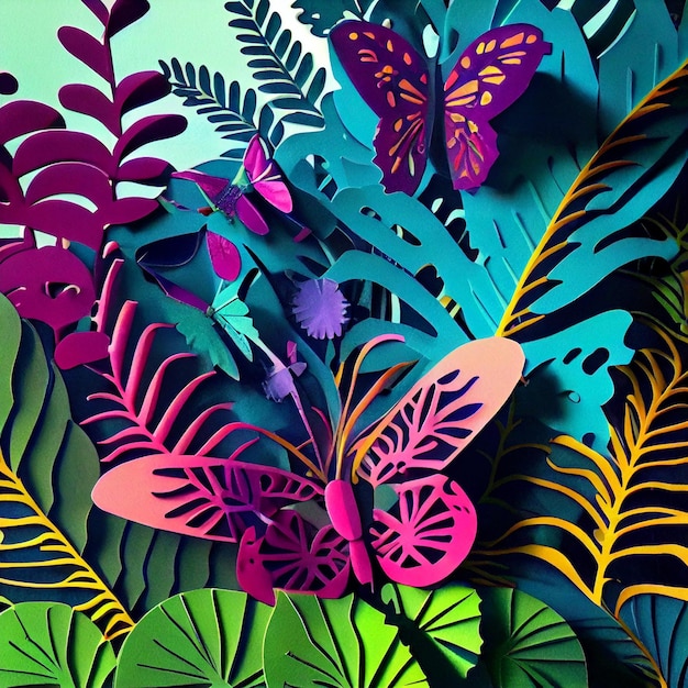 A colorful paper cut out of butterflies and flowers.