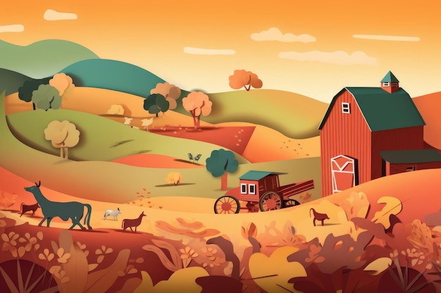 A colorful paper cut out of a farm scene with a barn and farm animals.