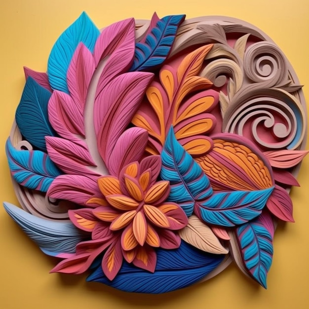 A colorful paper cut out of flowers is displayed on a yellow background.