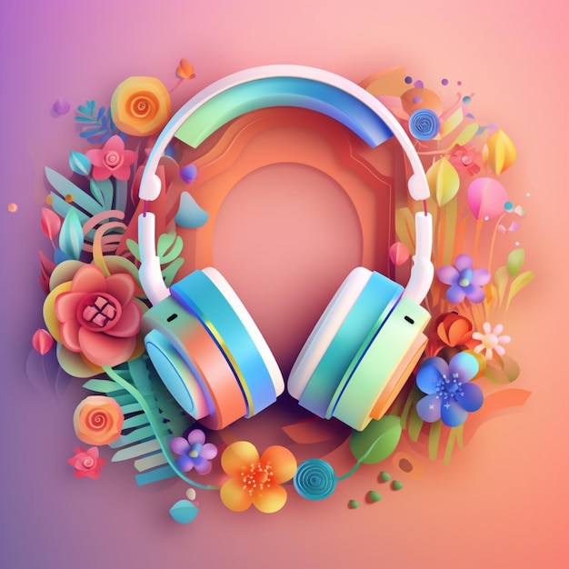 A colorful paper cut out of headphones with flowers around it