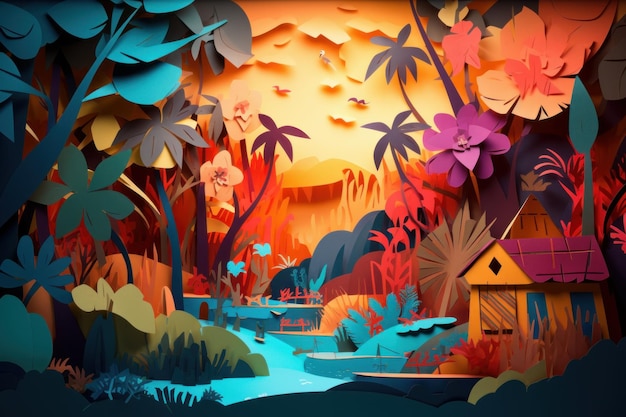 A colorful paper cut out of a jungle scene.