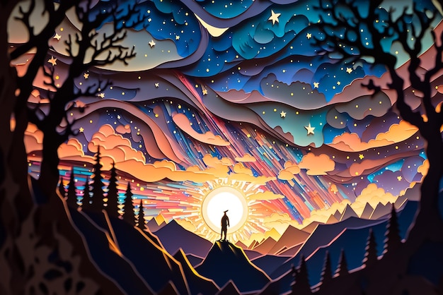 A colorful paper cut out of a man looking at the sky with stars and the moon.