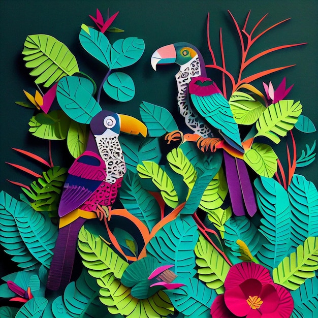 A colorful paper cut out of a parrot and a parrot