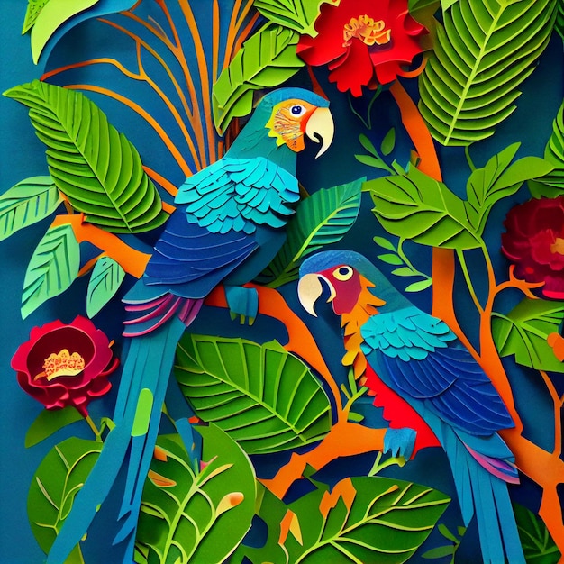 A colorful paper cut out of a parrot with a red flower on the left.