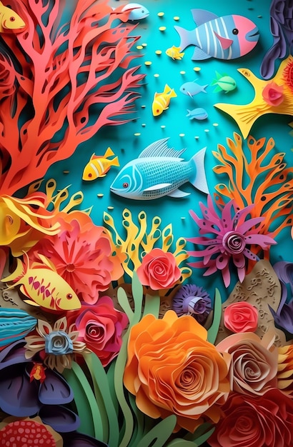 A colorful paper cut out of a sea of fish.