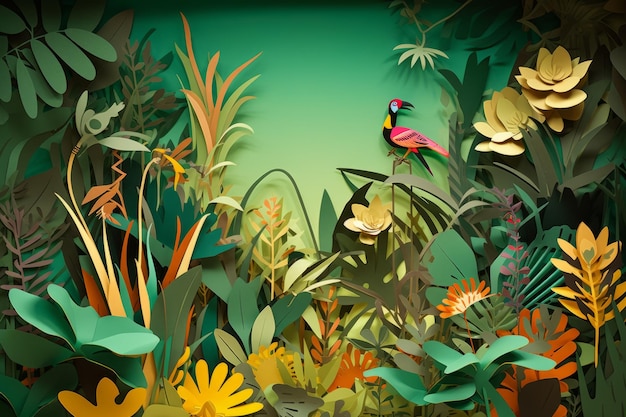 A colorful paper cut out of a tropical forest with a bird on it.