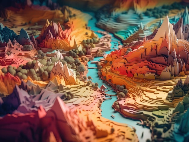 Photo colorful paper cut terrain mountains background created with generative ai technology