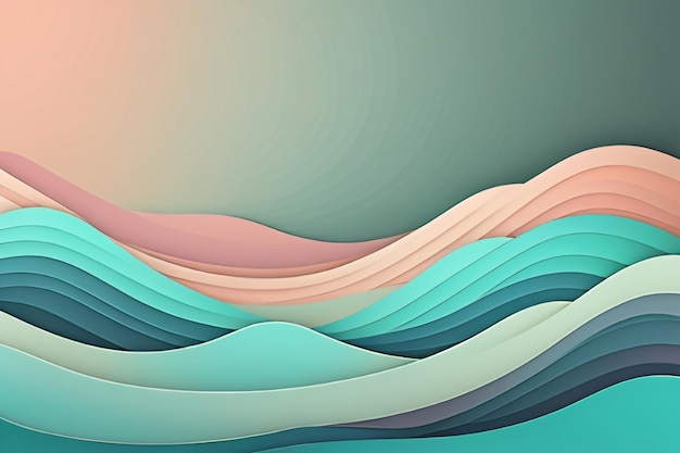 A colorful paper cut wave background with a mountain in the background.