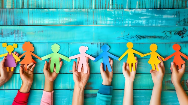 Colorful Paper Cutout Figures on Wooden Background Held by Hands Symbolizing Diversity and Unity Ideal for Cultural Events and Educational Purposes AI