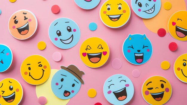 Photo colorful paper emoji faces on pink background flat lay