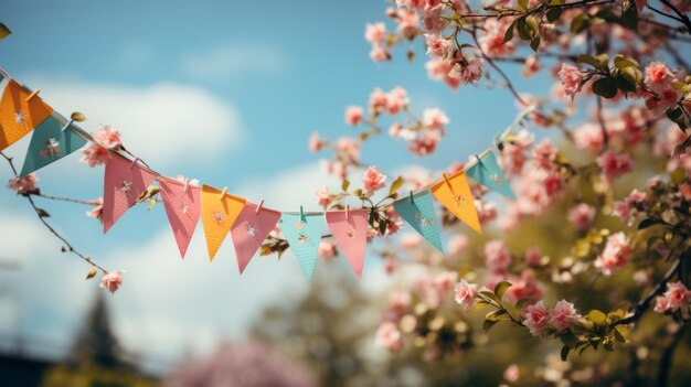 Photo colorful paper flags hanging on a string with a background of cherry blossoms
