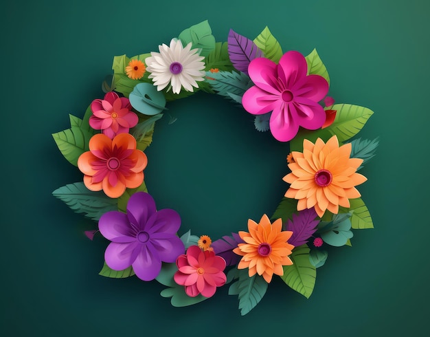 Photo a colorful paper floral wreath on a green background in the style of realistic detailed rendering generative ai