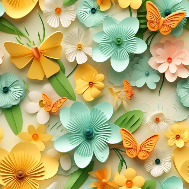 A colorful paper flower background with butterflies in the center