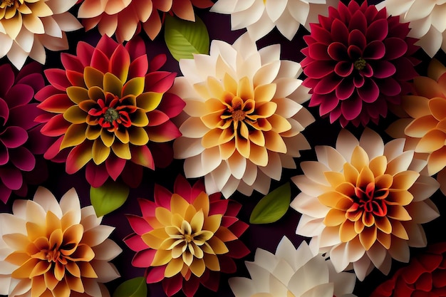 하단에 dahlia라는 단어가 있는 다채로운 종이 꽃 패턴입니다.
