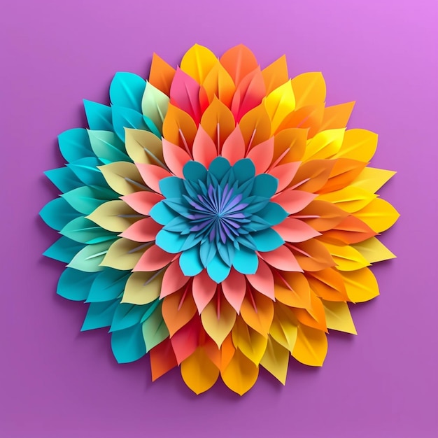 A colorful paper flower with a purple background.