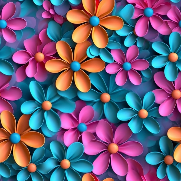 Colorful paper flowers are arranged in a pattern on a blue background generative ai