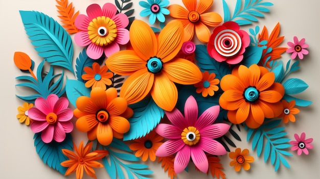 Colorful paper flowers are arranged on a white background